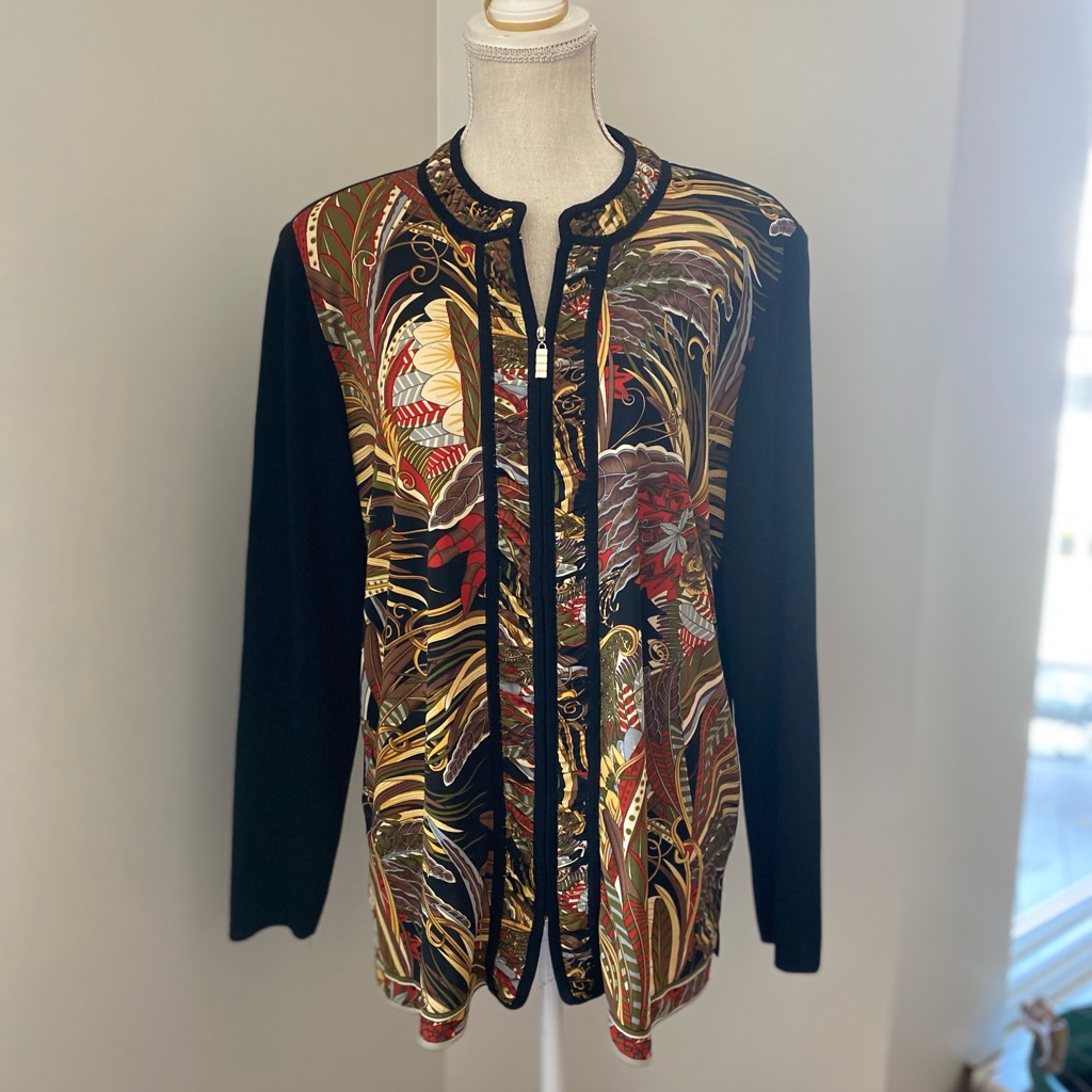 Misook Black Leafy Print Zip Front Knit Sweater